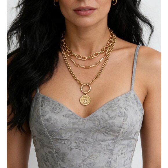 Vintage Gold Layered Necklaces for Women Trendy, Chunky Cuban Link Paperclip Cha - Picture 6 of 9